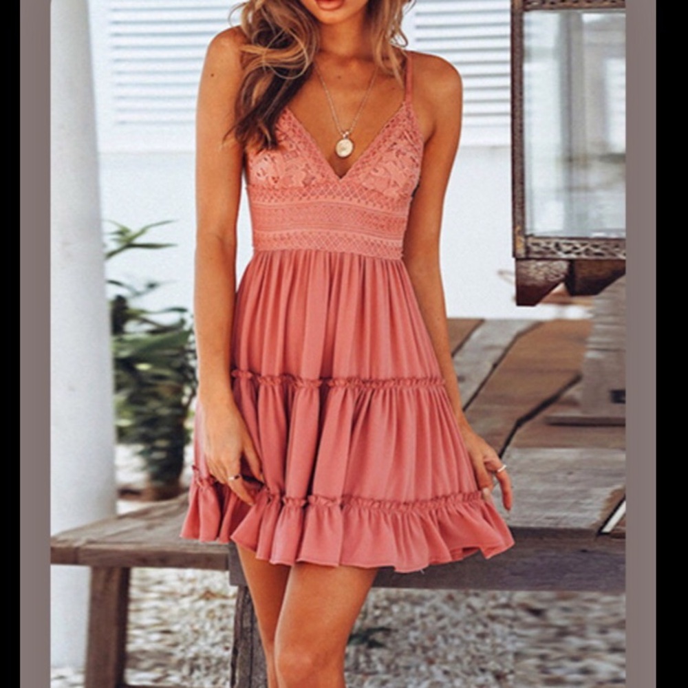 BRIGHT PINK Tiered Sundress Lace Bodice / Back Tie